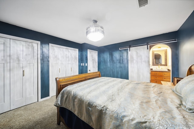 carpeted bedroom with multiple closets, ensuite bath, and a barn door