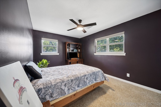 bedroom featuring multiple windows, ceiling fan, and carpet