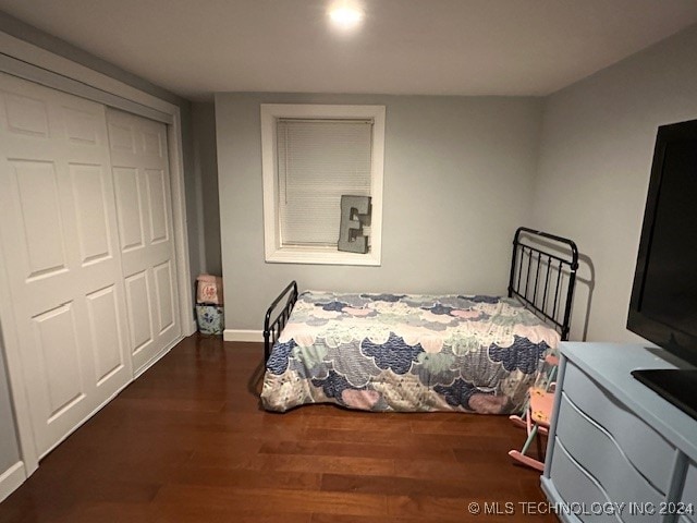 bedroom featuring dark wood-type flooring and a closet