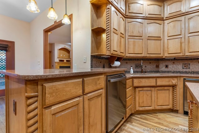 kitchen featuring hanging light fixtures, decorative backsplash, light hardwood / wood-style flooring, stainless steel dishwasher, and sink