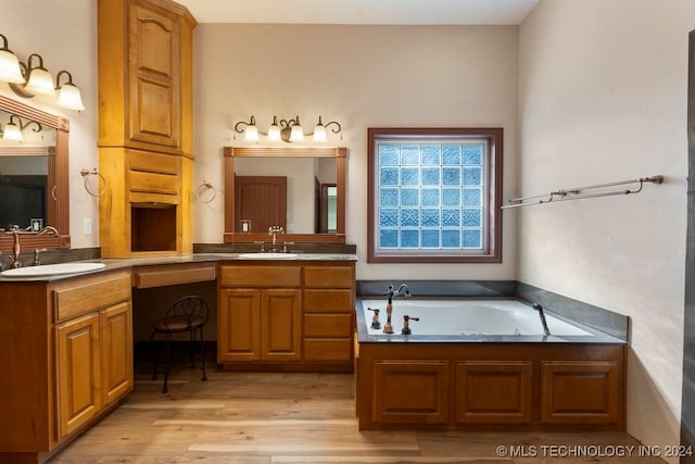 bathroom featuring wood-type flooring, a tub, and vanity