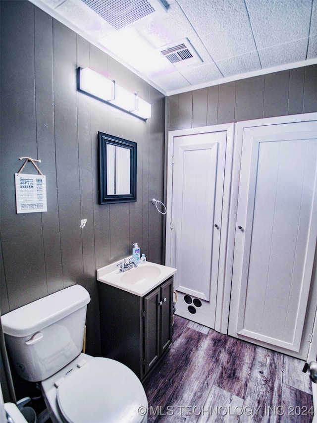 bathroom featuring wooden walls, toilet, vanity, and wood-type flooring