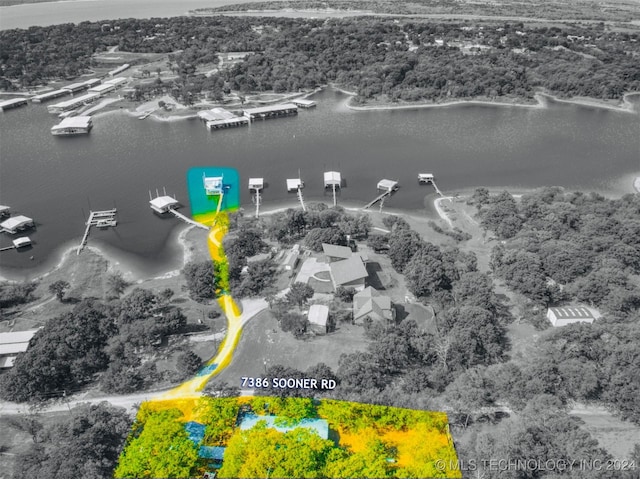 7386 Sooner Rd, Kingston, OK 73439 - aerial view of property and surrounding area featuring a nearby body of water and property boundaries highlighted
