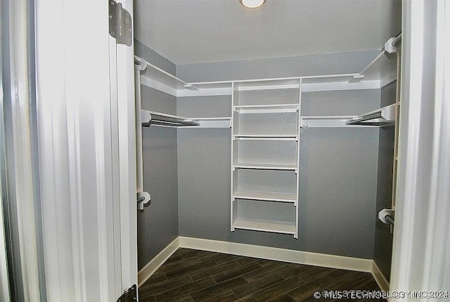 walk in closet with dark hardwood / wood-style floors