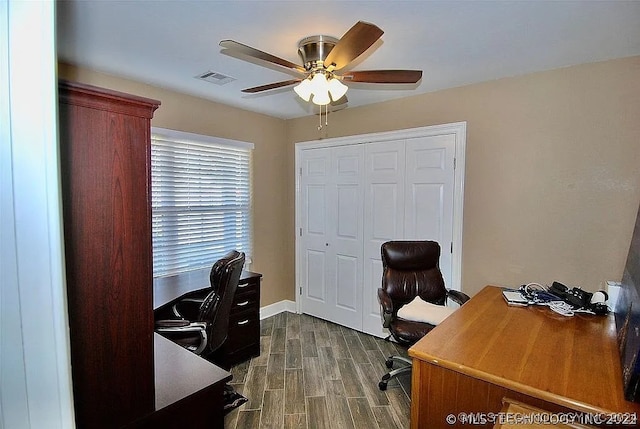 office featuring ceiling fan and hardwood / wood-style flooring