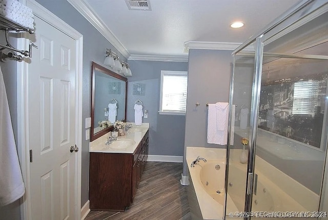 bathroom with independent shower and bath, vanity, crown molding, and wood-type flooring