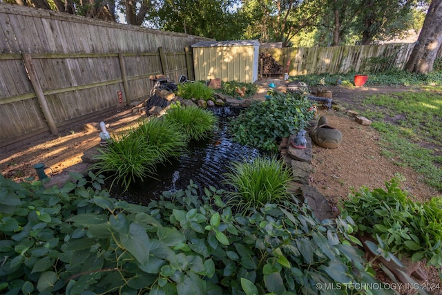 view of yard featuring a storage shed