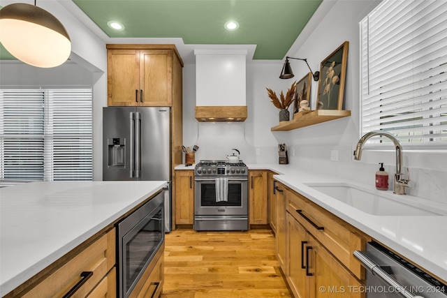 kitchen featuring premium appliances, premium range hood, light wood-type flooring, and sink