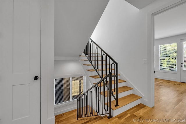 stairway with hardwood / wood-style floors