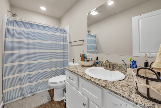 bathroom featuring wood-type flooring, vanity, and toilet