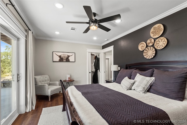 bedroom featuring ornamental molding, ceiling fan, dark hardwood / wood-style floors, and access to outside