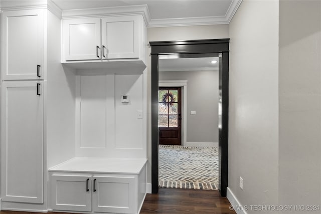 mudroom featuring crown molding and dark wood-type flooring