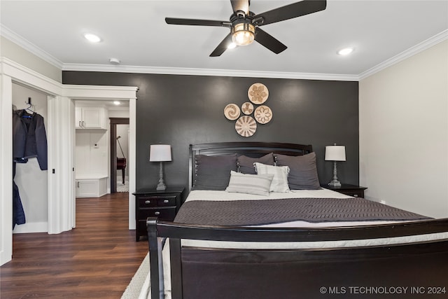 bedroom featuring ceiling fan, crown molding, and dark hardwood / wood-style flooring