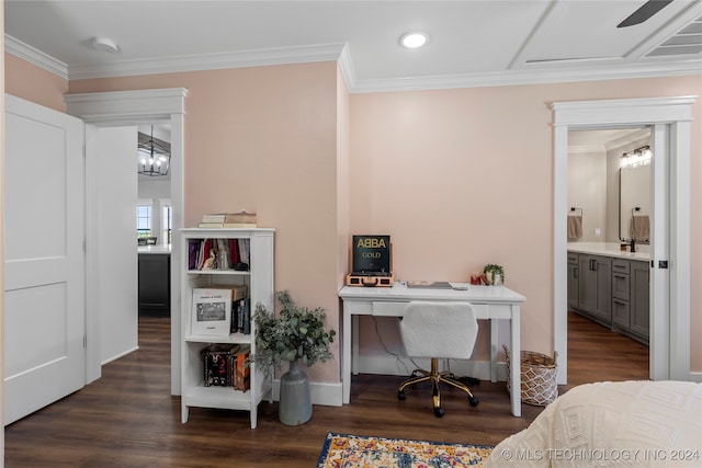 office with ornamental molding, ceiling fan, and dark wood-type flooring