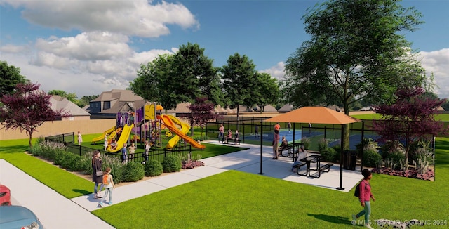 view of home's community featuring a playground, a yard, and tennis court