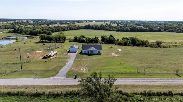 aerial view featuring a water view and a rural view