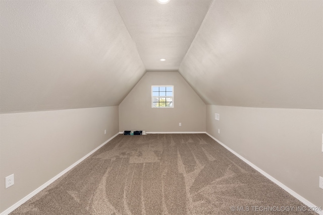 additional living space with a textured ceiling, lofted ceiling, and carpet flooring