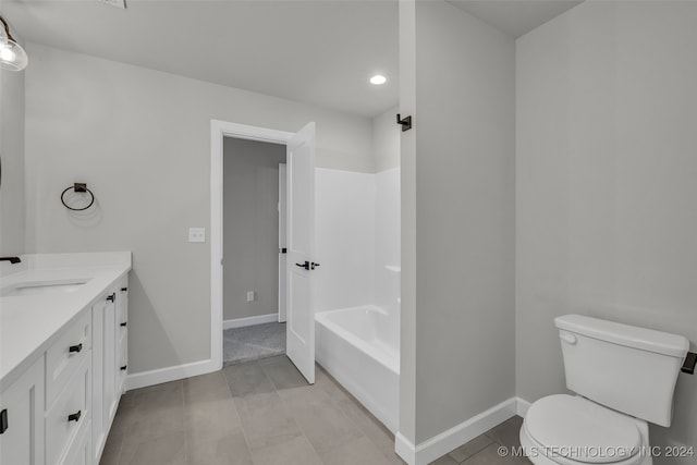 full bathroom featuring independent shower and bath, vanity, toilet, and tile patterned floors