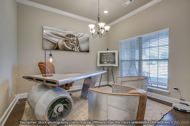 office with ornamental molding, a chandelier, and hardwood / wood-style floors