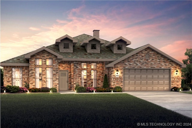 french country home with concrete driveway, a chimney, a front lawn, and a garage