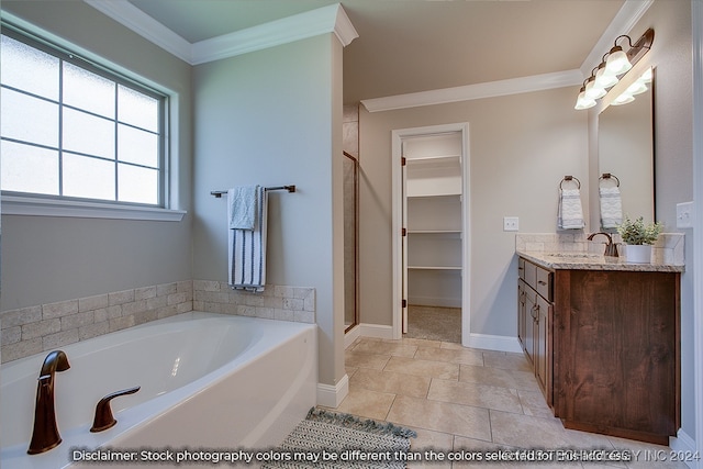 bathroom with vanity, plus walk in shower, crown molding, and tile patterned flooring