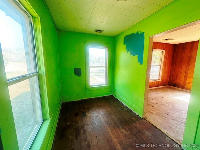 spare room with plenty of natural light, dark wood-type flooring, and wooden walls