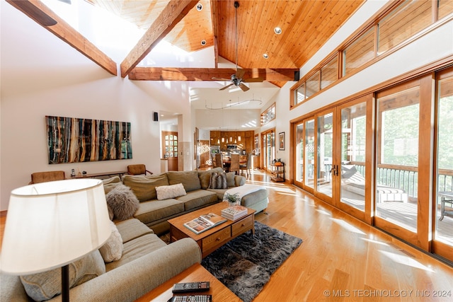 living area with high vaulted ceiling, wooden ceiling, wood finished floors, french doors, and beam ceiling