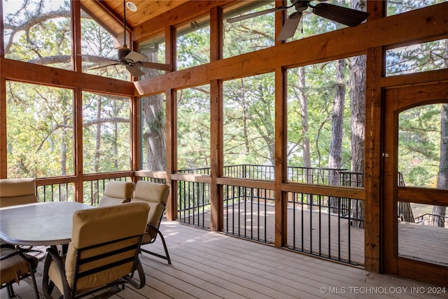 sunroom / solarium featuring lofted ceiling, wooden ceiling, and ceiling fan