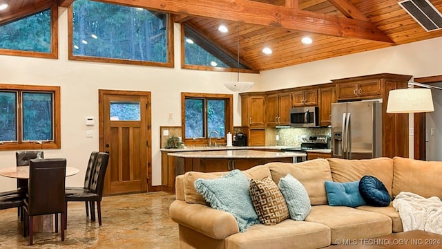 living room with high vaulted ceiling, recessed lighting, visible vents, wood ceiling, and beam ceiling