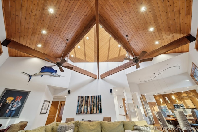 living area featuring ceiling fan, high vaulted ceiling, beamed ceiling, and wood ceiling