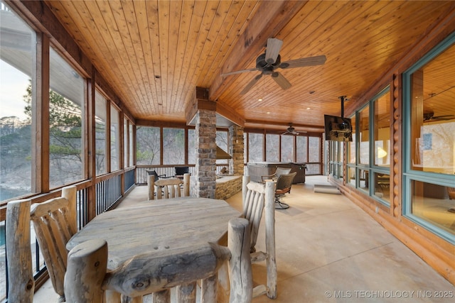 sunroom / solarium featuring a ceiling fan and wood ceiling