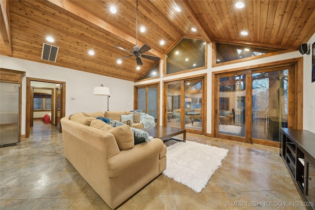 living area featuring visible vents, wooden ceiling, finished concrete floors, high vaulted ceiling, and recessed lighting