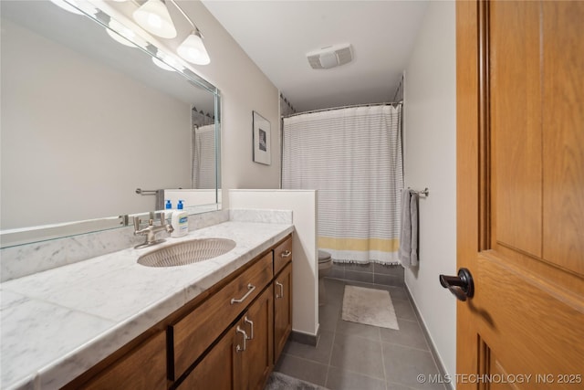 full bathroom with toilet, tile patterned floors, vanity, visible vents, and a shower with curtain