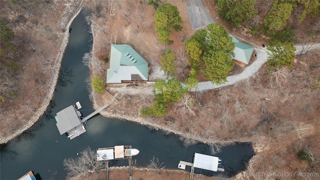 aerial view featuring a water view