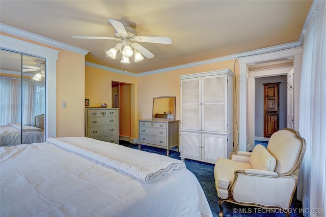 carpeted bedroom with ornamental molding and ceiling fan