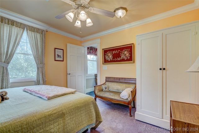 bedroom with crown molding, ceiling fan, and carpet floors