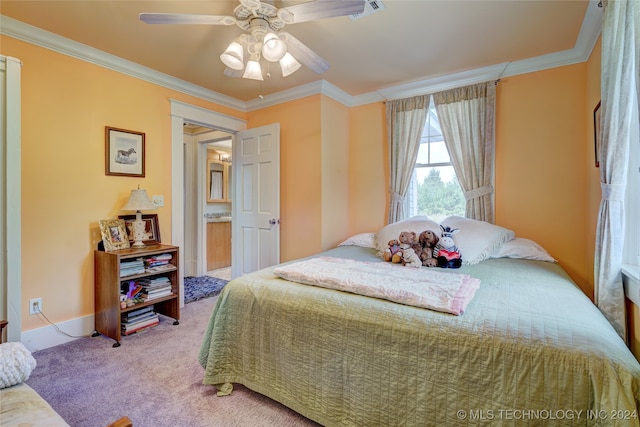 carpeted bedroom with crown molding and ceiling fan