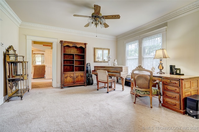 home office featuring ceiling fan, light colored carpet, and ornamental molding