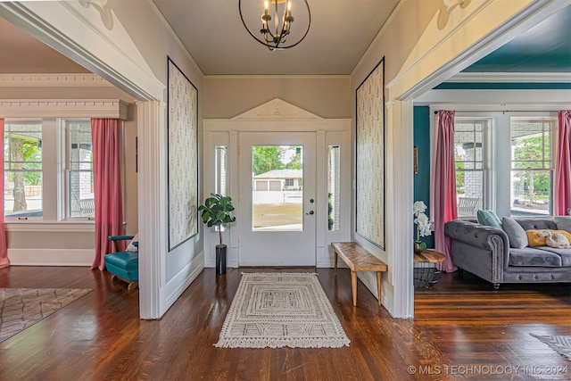 entryway with crown molding, a wealth of natural light, a chandelier, and dark hardwood / wood-style flooring