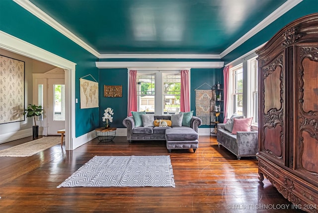 living area with crown molding and wood-type flooring