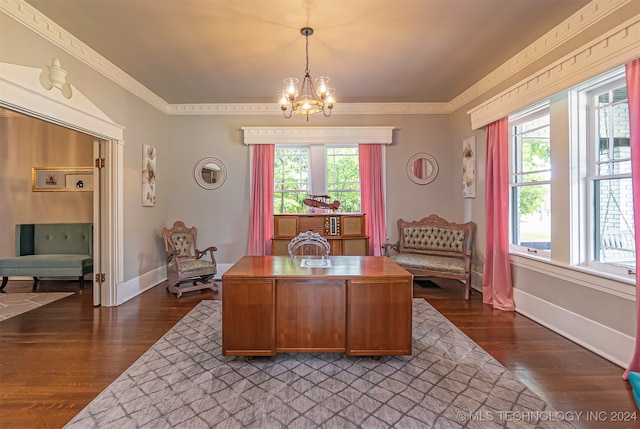 office with plenty of natural light, dark hardwood / wood-style floors, and crown molding