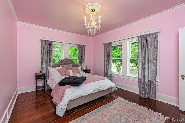 bedroom featuring multiple windows, crown molding, a chandelier, and dark hardwood / wood-style flooring