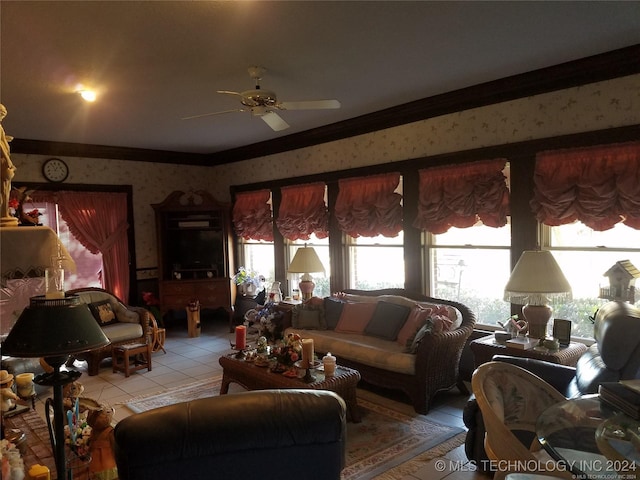 tiled living room featuring ornamental molding and ceiling fan