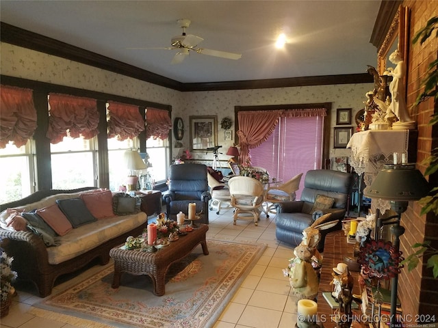 living room with ceiling fan, ornamental molding, and light tile patterned floors