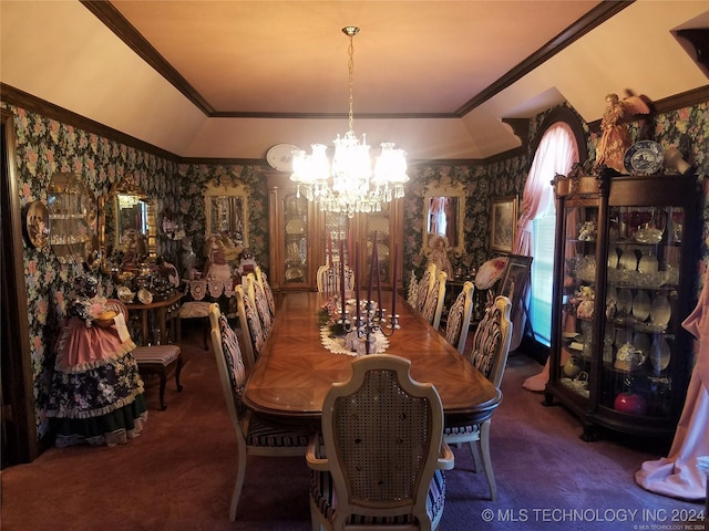 dining area with a notable chandelier, dark colored carpet, crown molding, and vaulted ceiling