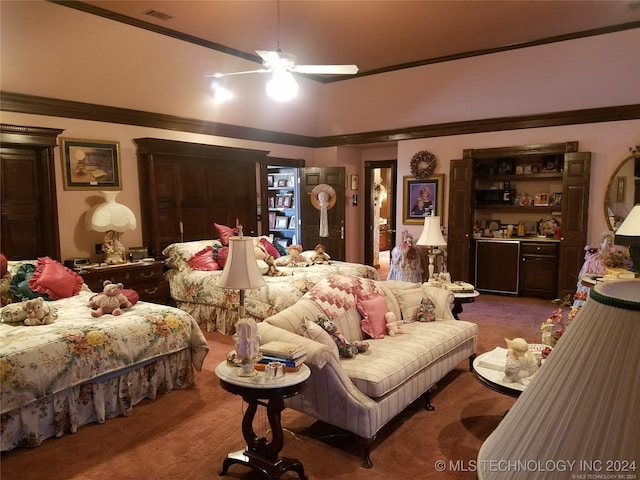 bedroom featuring dark colored carpet and ceiling fan