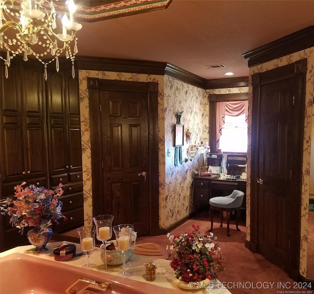 misc room with carpet floors and crown molding