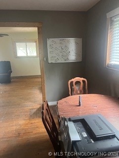 dining space with hardwood / wood-style flooring