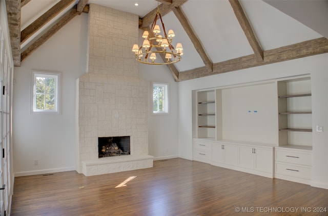 unfurnished living room featuring dark hardwood / wood-style flooring, beam ceiling, and plenty of natural light