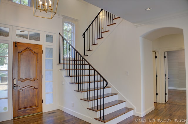 entrance foyer with dark wood-type flooring, a notable chandelier, and plenty of natural light